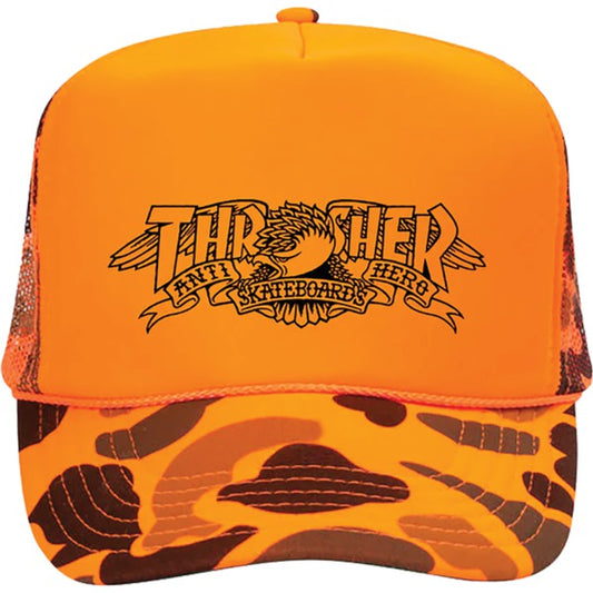 THRASHER X ANTI-HERO MAG BANNER TRUCKER HAT  ORANGE CAMO