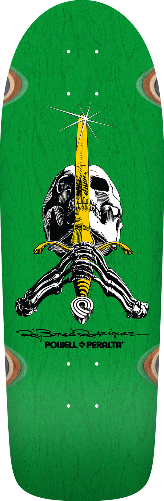 POWELL OG RODRIGUEZ SKULL & SWORD GREEN STAIN REISSUE SHAPED DECK 10.00 X 30.00
