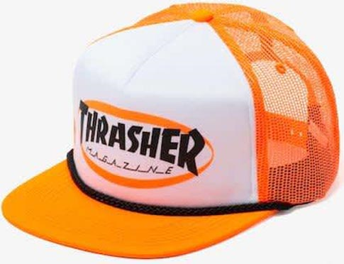 THRASHER ELLIPSE MAG LOGO TRUCKER ROPE HAT ORANGE